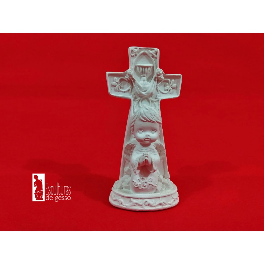 Anjo na Cruz Rezando em Gesso Cru 11cm