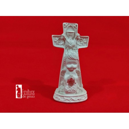 Anjo na Cruz Rezando em Gesso Cru 11cm
