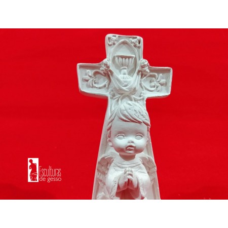 Anjo na Cruz Rezando em Gesso Cru 11cm