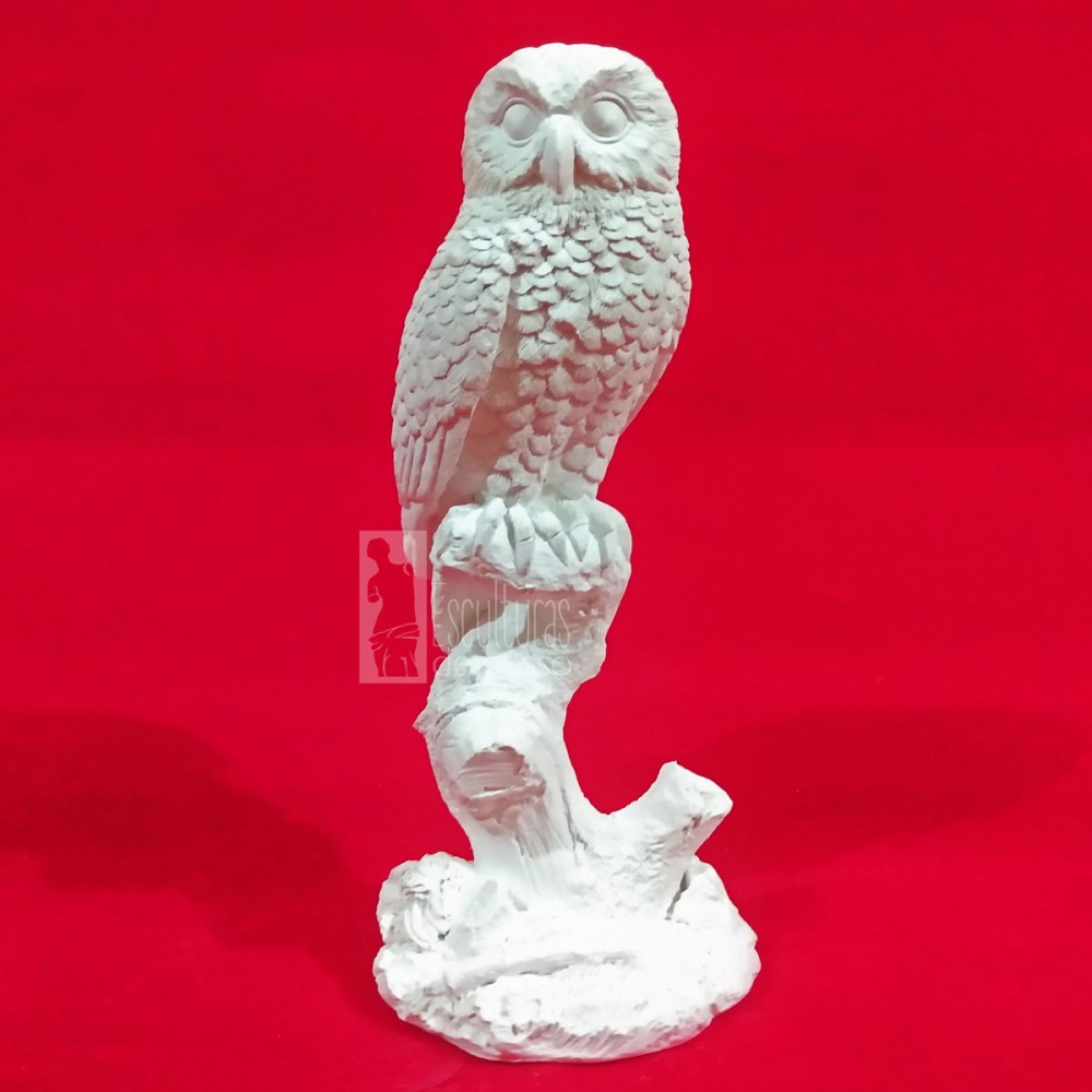 Escultura Coruja no Tronco Gesso Cru 19cm