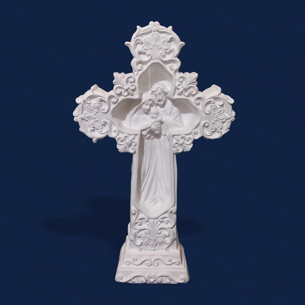 Imagem Sagrada Família na Cruz em Gesso Cru 35cm